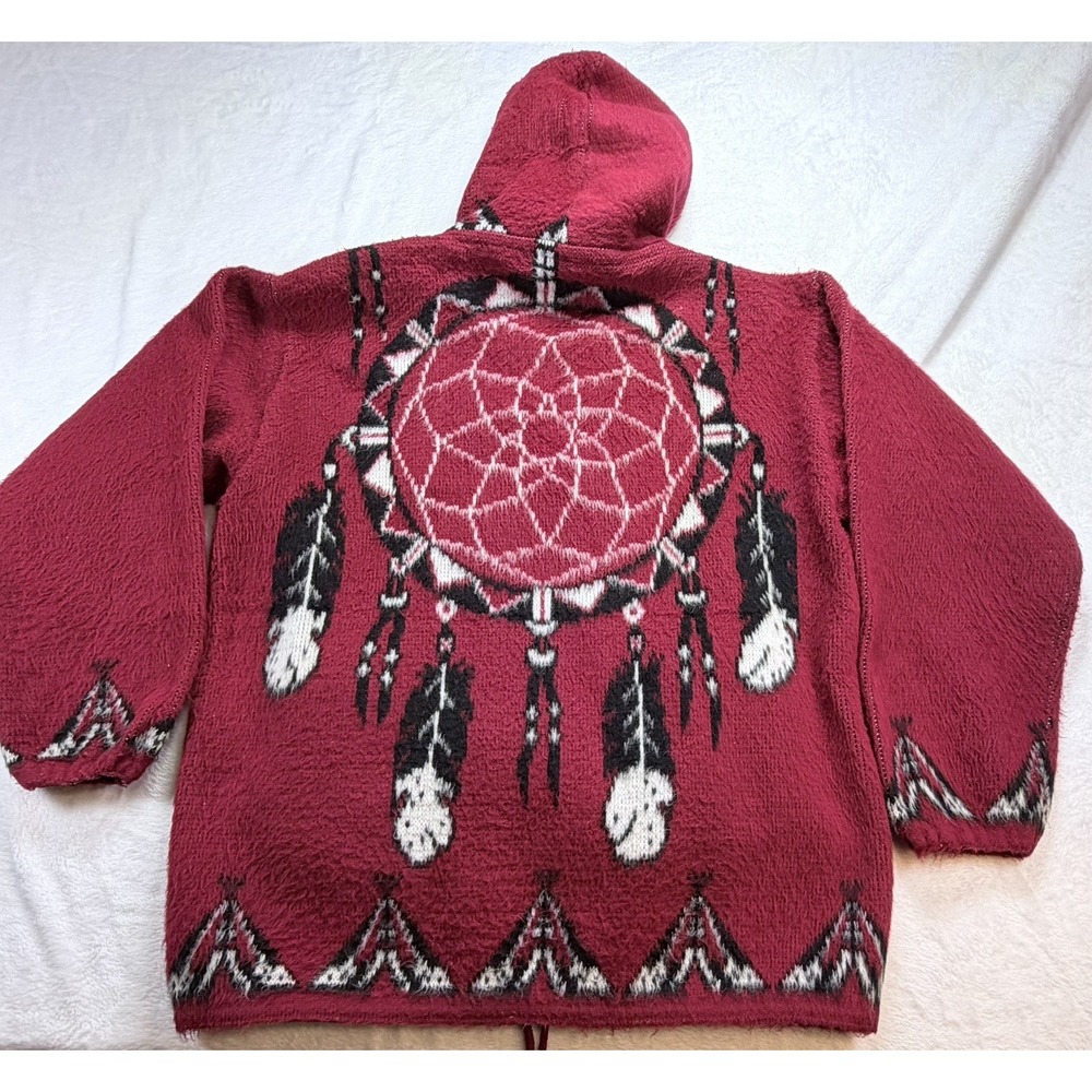 All Indians Native Wear Vintage 100% Wool Dreamcatcher Zip Hoodie Jacket Red M - Picture 9 of 11